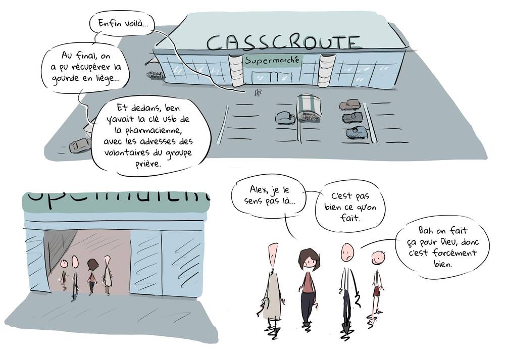 Alex, Nicole, Dieu et Herzog arrivent au supermarche Casscroute.